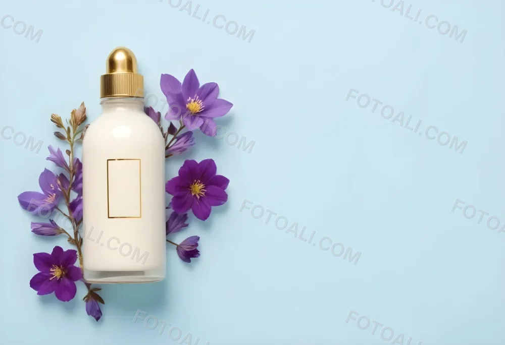 A Bottle Of Cream With A Golden Cap Surrounded By Purple Flowers On A Light Blue Background 61 3adc