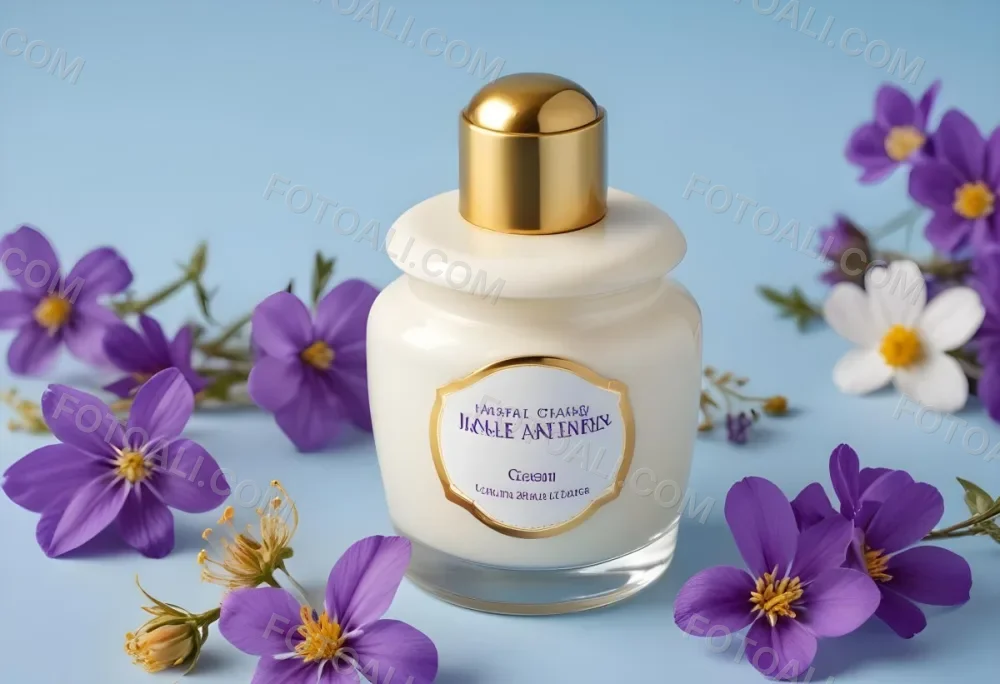 A Bottle Of Cream With A Golden Cap Surrounded By Purple Flowers On A Light Blue Background 63 4c09