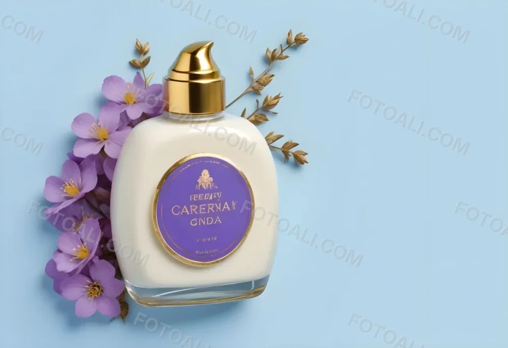 A Bottle Of Cream With A Golden Cap Surrounded By Purple Flowers On A Light Blue Background 64 361a