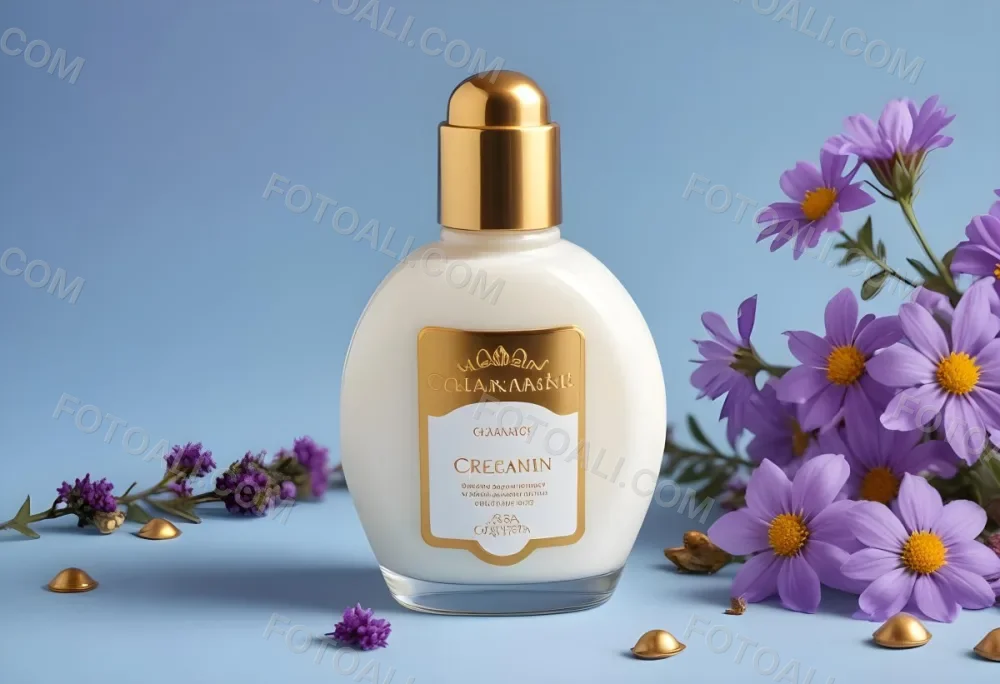 A Bottle Of Cream With A Golden Cap Surrounded By Purple Flowers On A Light Blue Background 66 0382