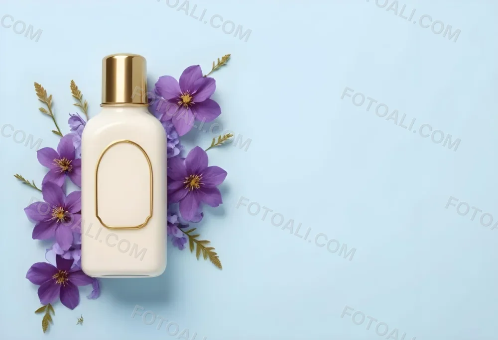 A Bottle Of Cream With A Golden Cap Surrounded By Purple Flowers On A Light Blue Background 68 9bce