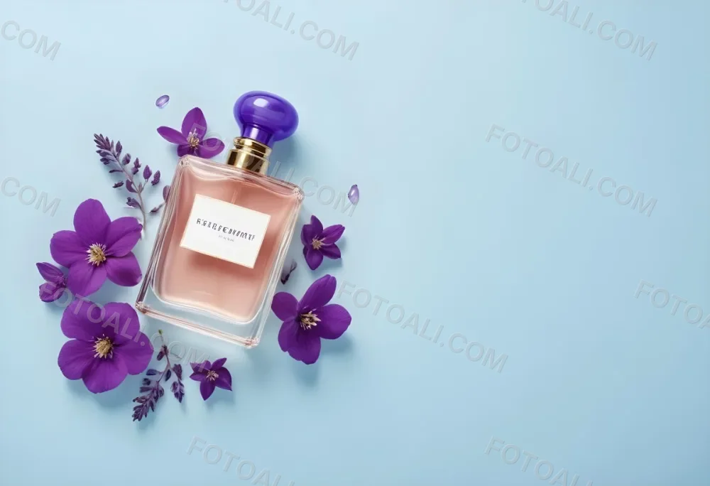 A Bottle Of Cream With A Golden Cap Surrounded By Purple Flowers On A Light Blue Background 9 630e