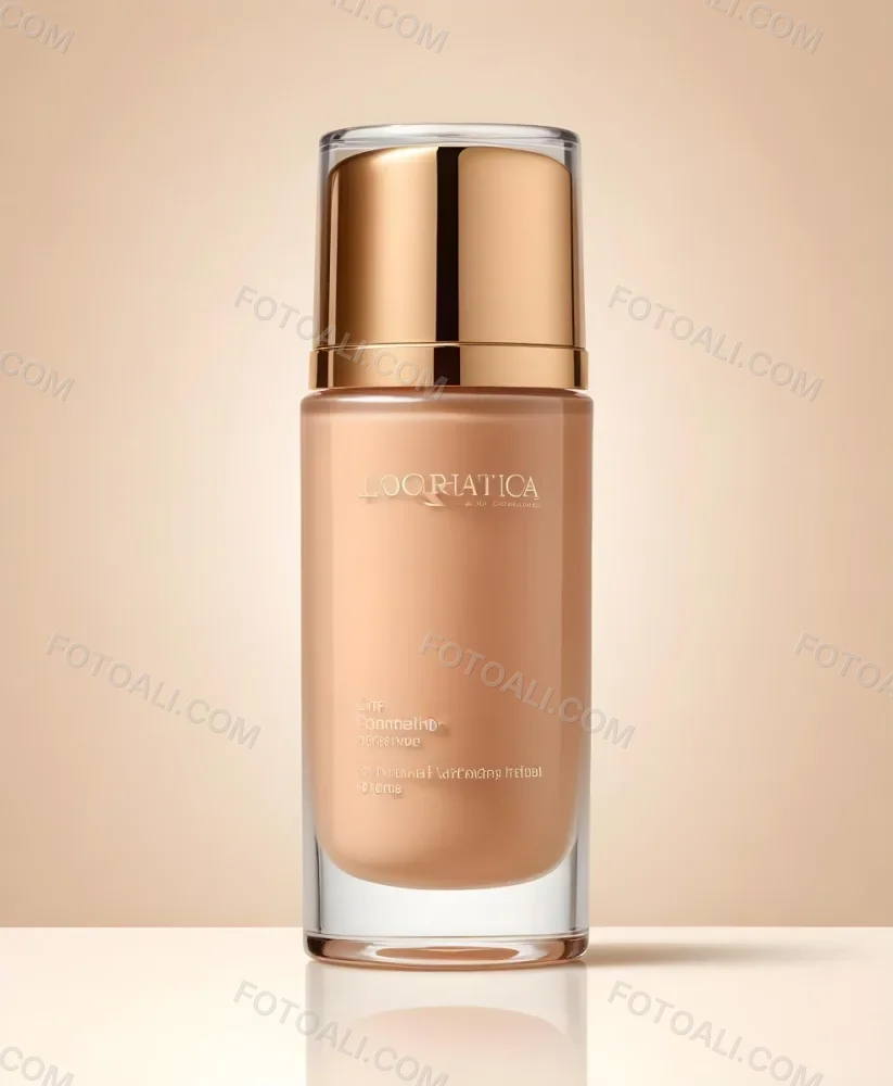 A Bottle Of Foundation With A Transparent Cap On A Beige Background The Bottle Is Transparent And The Foundation Is Beige 41 Eef5