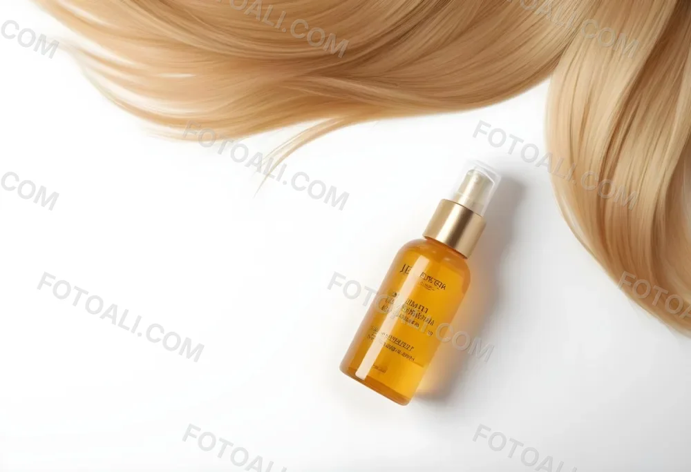 A Bottle Of Hair Serum With Golden Blonde Hair On A White Background 1 21d5
