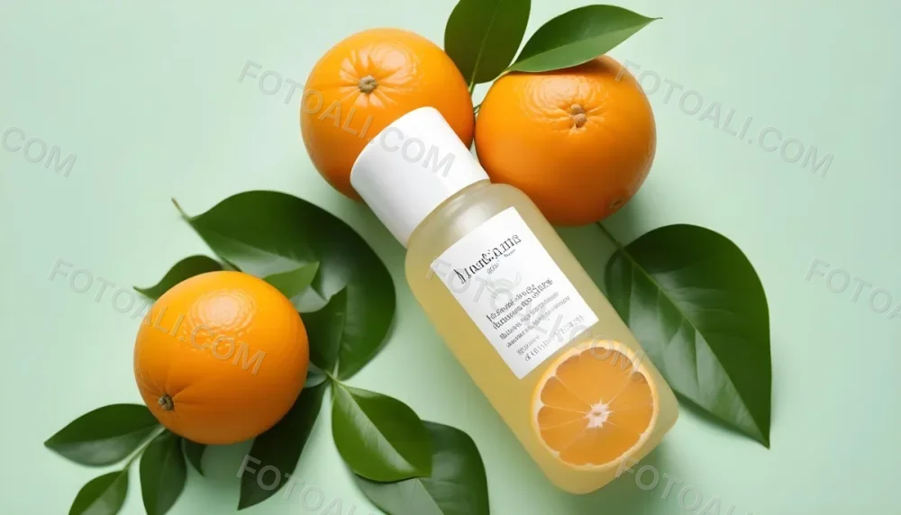 A Bottle Of Skincare Product With Fresh Oranges And Leaves On A Light Green Background 10 199a