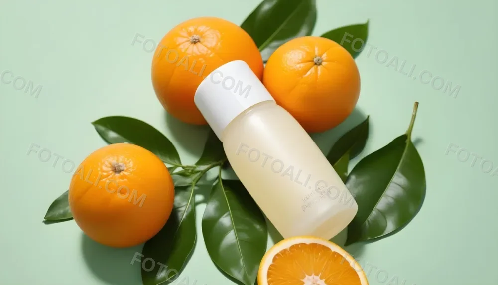 A Bottle Of Skincare Product With Fresh Oranges And Leaves On A Light Green Background 11 91d2