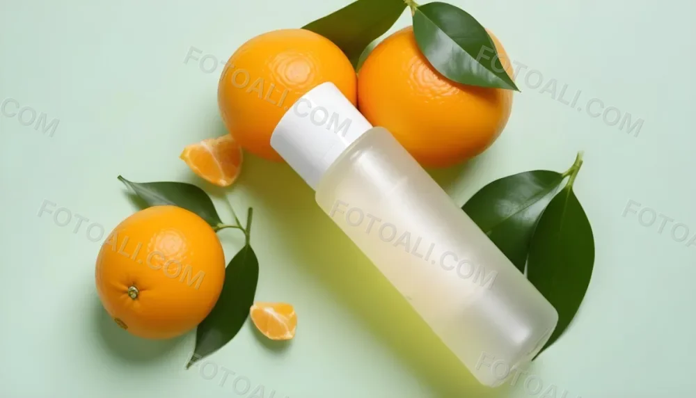 A Bottle Of Skincare Product With Fresh Oranges And Leaves On A Light Green Background 12 04c6