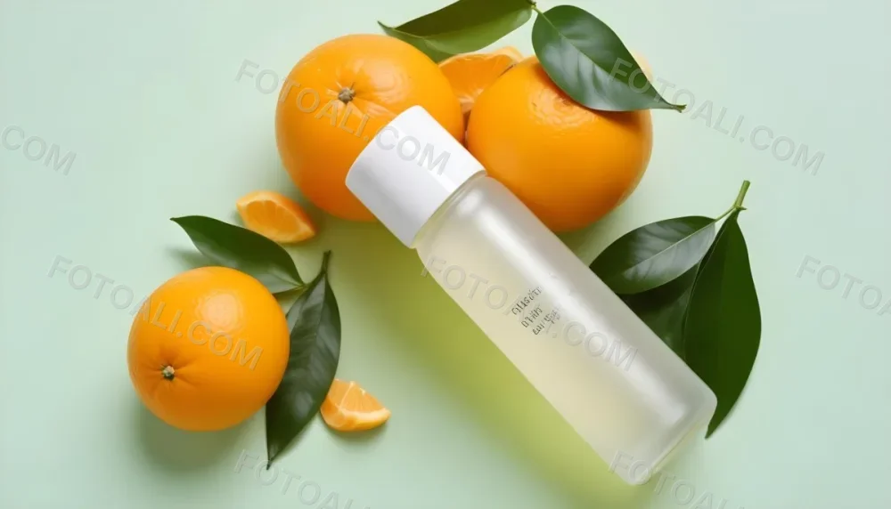 A Bottle Of Skincare Product With Fresh Oranges And Leaves On A Light Green Background 13 2d35