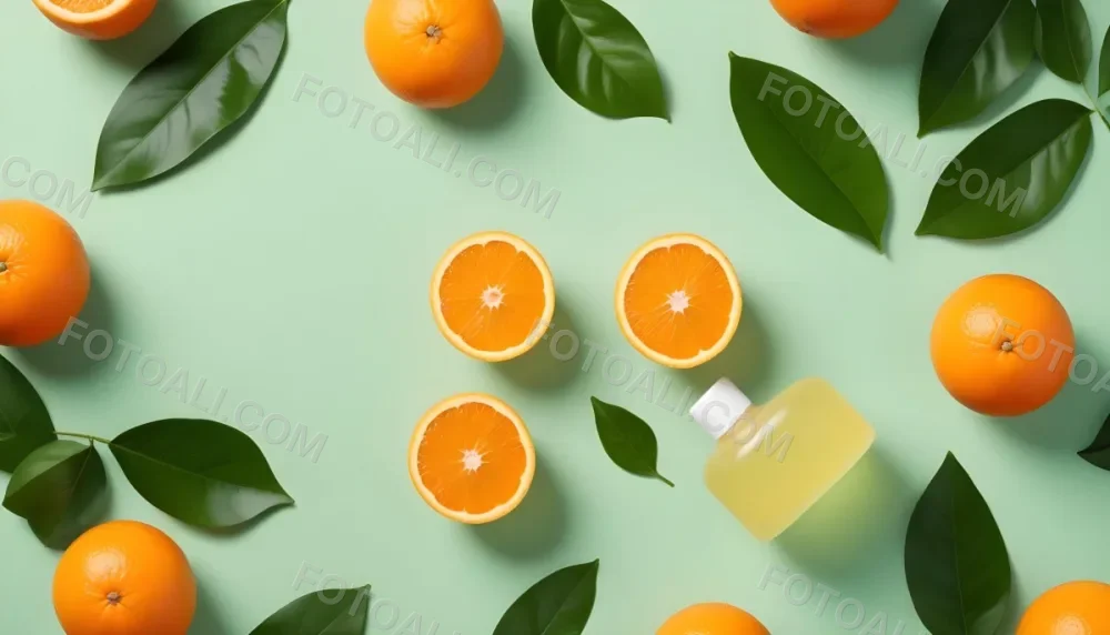 A Bottle Of Skincare Product With Fresh Oranges And Leaves On A Light Green Background 2 3297