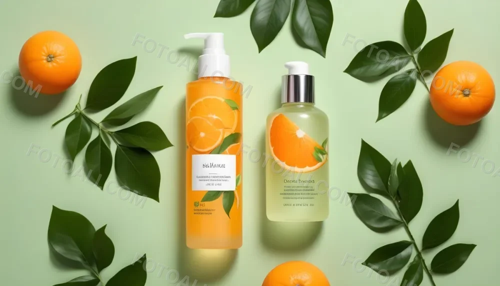 A Bottle Of Skincare Product With Fresh Oranges And Leaves On A Light Green Background 3 87ca