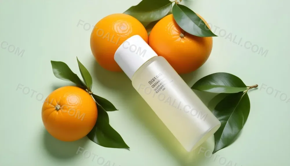 A Bottle Of Skincare Product With Fresh Oranges And Leaves On A Light Green Background 4 B658