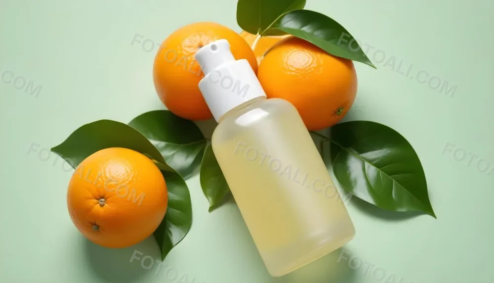 A Bottle Of Skincare Product With Fresh Oranges And Leaves On A Light Green Background 5 0fda
