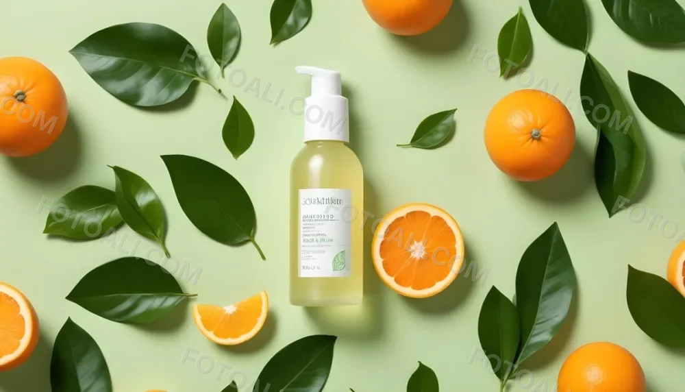 A Bottle Of Skincare Product With Fresh Oranges And Leaves On A Light Green Background 6 33bc