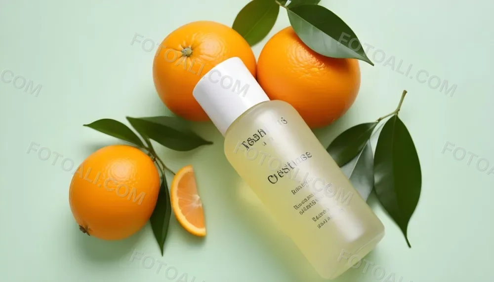 A Bottle Of Skincare Product With Fresh Oranges And Leaves On A Light Green Background 8 7af0