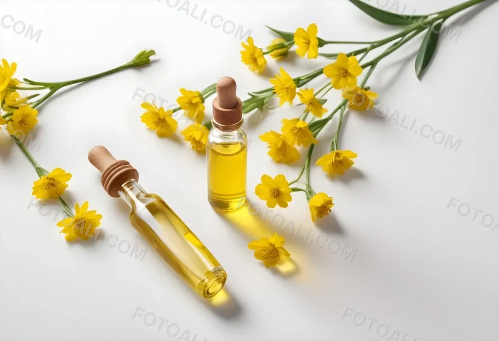 A Bottle Of Yellow Oil With A Dropper Next To Some Yellow Flowers On A White Surface 1 0597