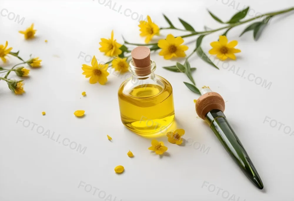 A Bottle Of Yellow Oil With A Dropper Next To Some Yellow Flowers On A White Surface 15 040d