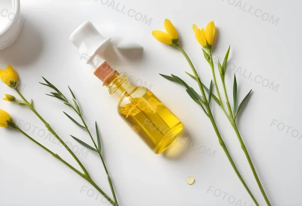 A Bottle Of Yellow Oil With A Dropper Next To Some Yellow Flowers On A White Surface 19 42a2