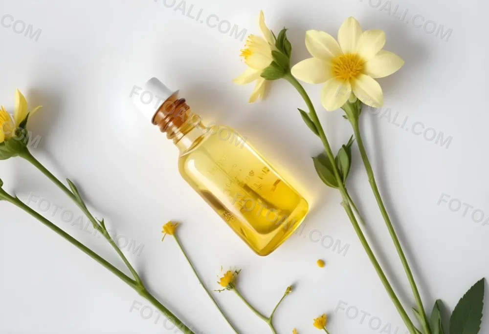 A Bottle Of Yellow Oil With A Dropper Next To Some Yellow Flowers On A White Surface 21 B7ea