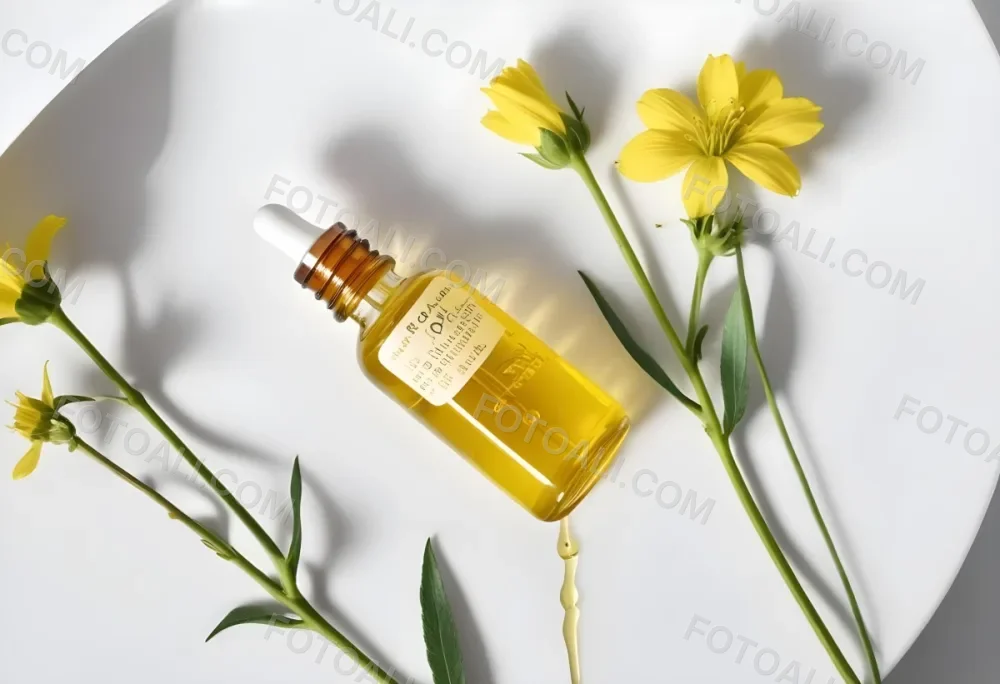 A Bottle Of Yellow Oil With A Dropper Next To Some Yellow Flowers On A White Surface 24 32f8