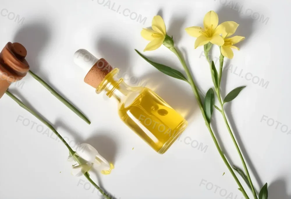 A Bottle Of Yellow Oil With A Dropper Next To Some Yellow Flowers On A White Surface 27 4fa2