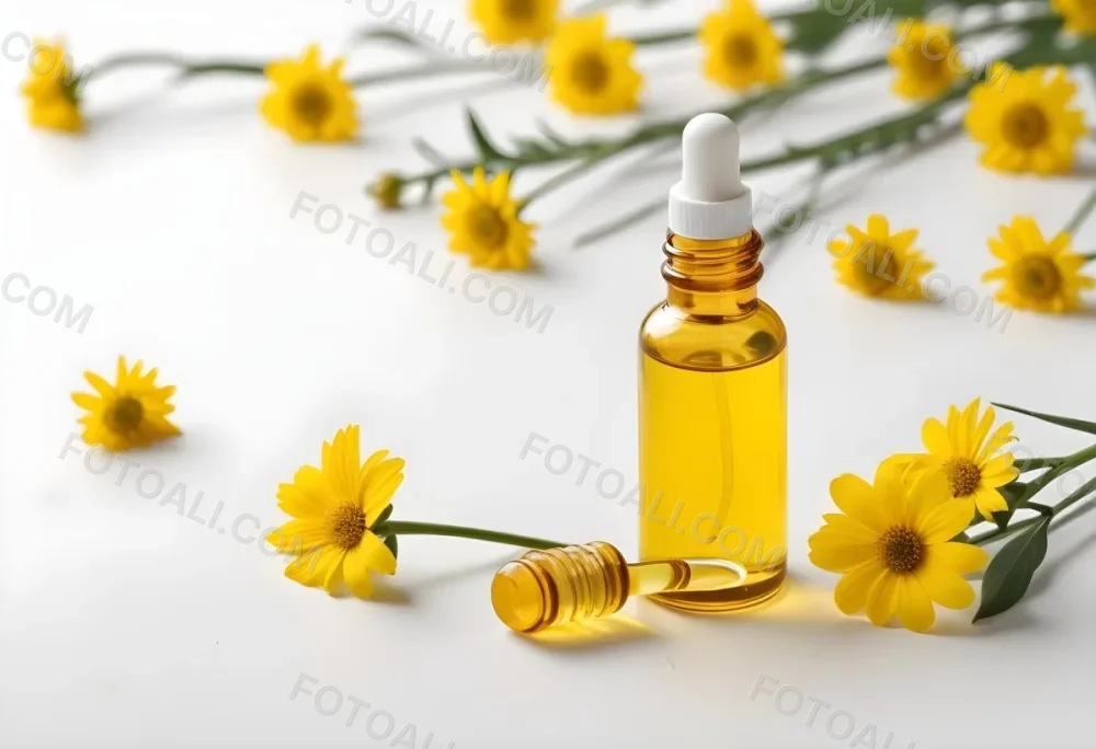 A Bottle Of Yellow Oil With A Dropper Next To Some Yellow Flowers On A White Surface 30 5ace