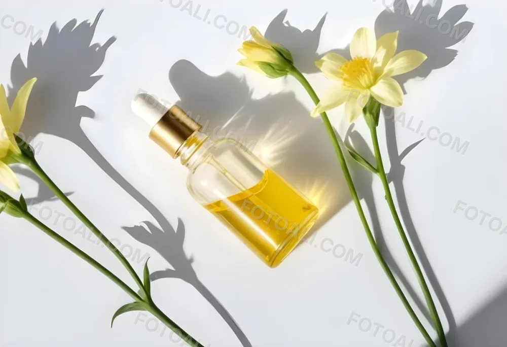 A Bottle Of Yellow Oil With A Dropper Next To Some Yellow Flowers On A White Surface 31 5425