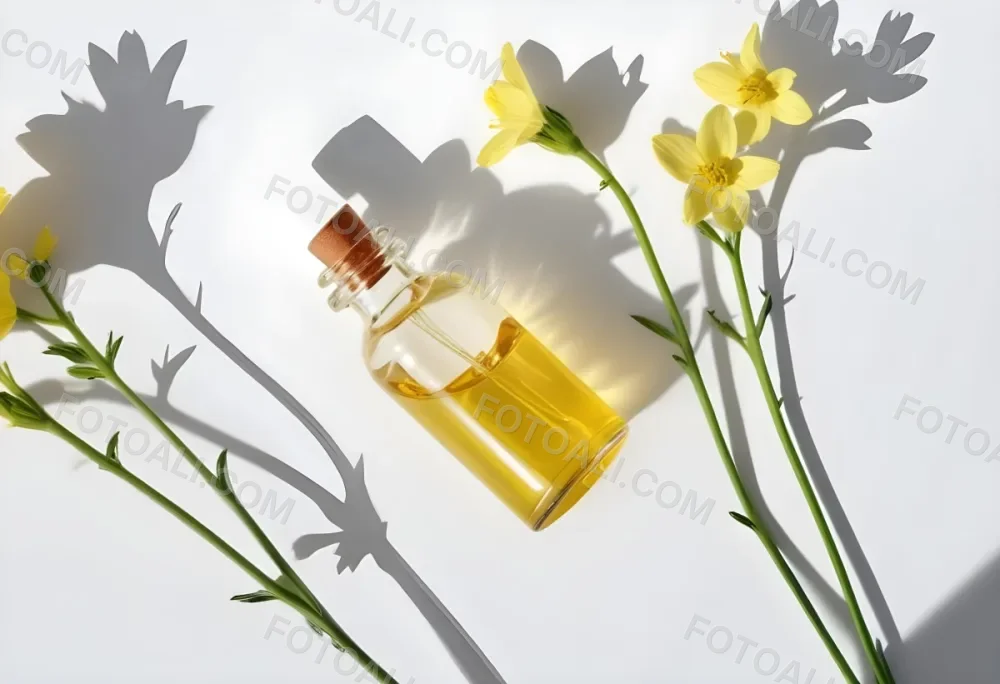 A Bottle Of Yellow Oil With A Dropper Next To Some Yellow Flowers On A White Surface 8 3706
