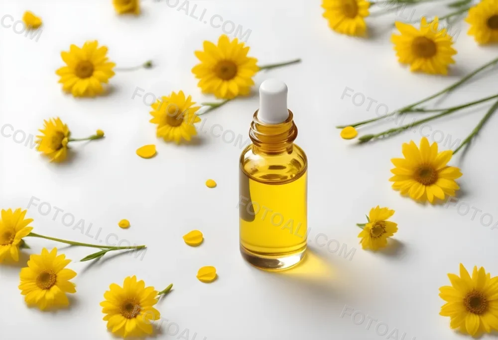 A Bottle Of Yellow Oil With A Dropper Next To Some Yellow Flowers On A White Surface 9 B5f3