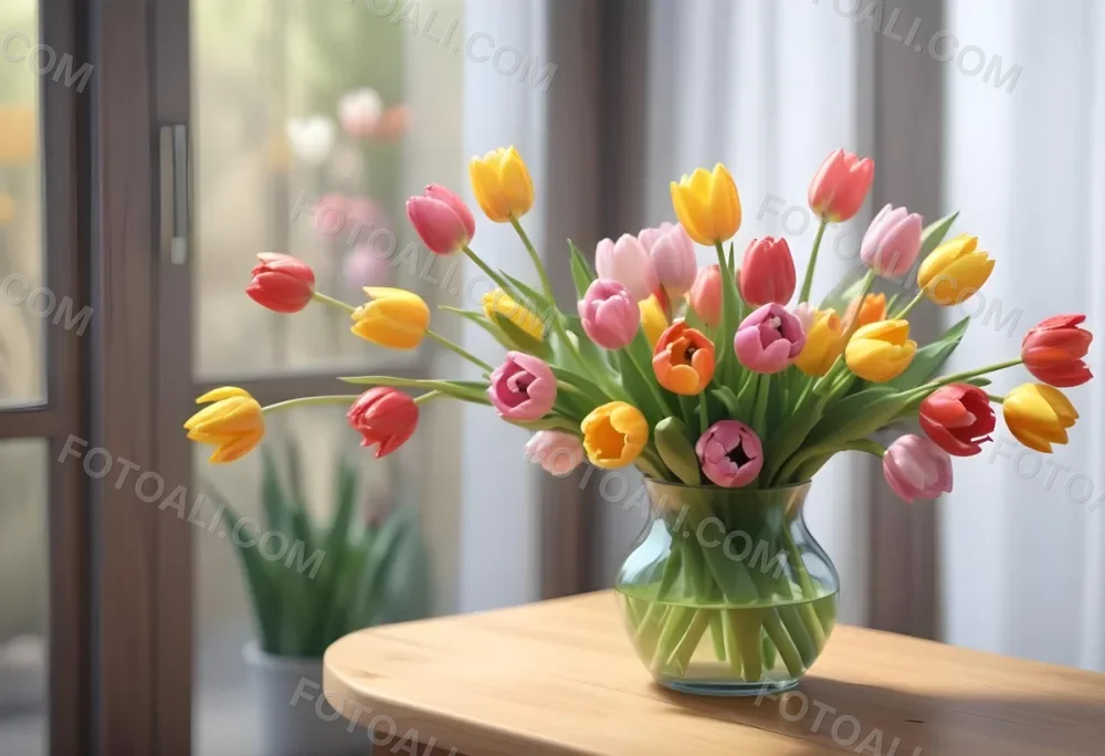 A Bouquet Of Colorful Tulips In A Glass Vase On A Wooden Table With A Blurred Background Of More Flowers 1 9488