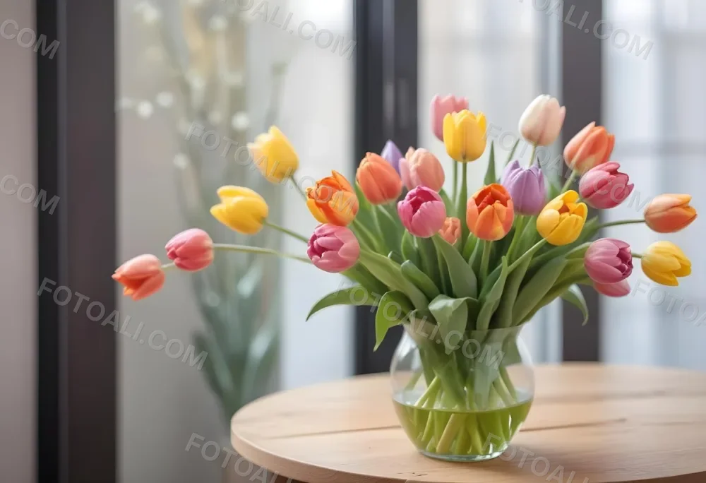 A Bouquet Of Colorful Tulips In A Glass Vase On A Wooden Table With A Blurred Background Of More Flowers 10 1523
