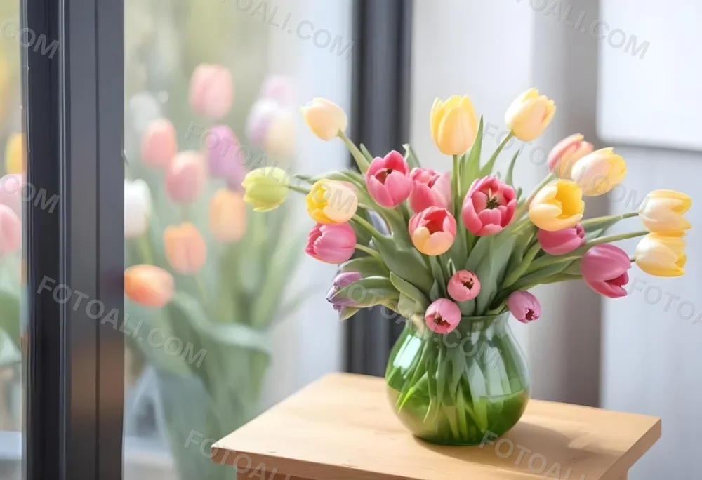 A Bouquet Of Colorful Tulips In A Glass Vase On A Wooden Table With A Blurred Background Of More Flowers 11 Dce1