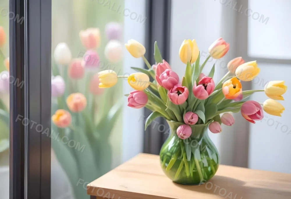 A Bouquet Of Colorful Tulips In A Glass Vase On A Wooden Table With A Blurred Background Of More Flowers 12 Daea