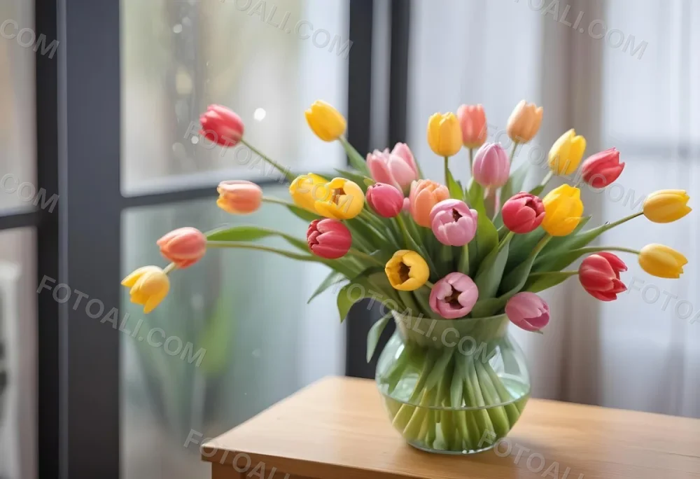 A Bouquet Of Colorful Tulips In A Glass Vase On A Wooden Table With A Blurred Background Of More Flowers 13 Ea66
