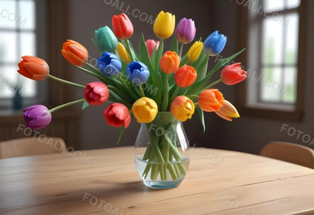 A Bouquet Of Colorful Tulips In A Glass Vase On A Wooden Table With A Blurred Background Of More Flowers 16 001b