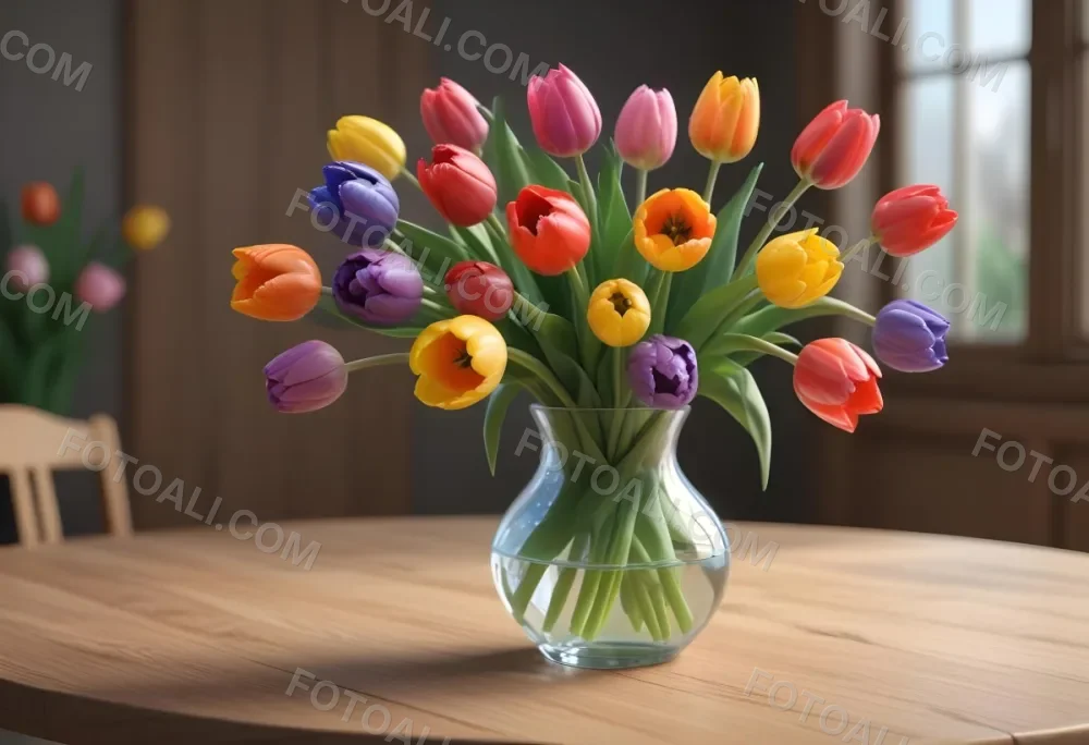 A Bouquet Of Colorful Tulips In A Glass Vase On A Wooden Table With A Blurred Background Of More Flowers 20 1e67