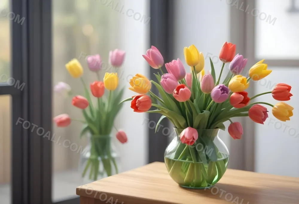 A Bouquet Of Colorful Tulips In A Glass Vase On A Wooden Table With A Blurred Background Of More Flowers 21 486c