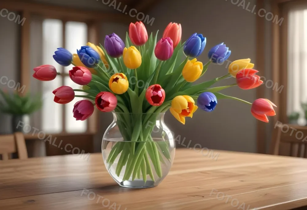 A Bouquet Of Colorful Tulips In A Glass Vase On A Wooden Table With A Blurred Background Of More Flowers 22 C624