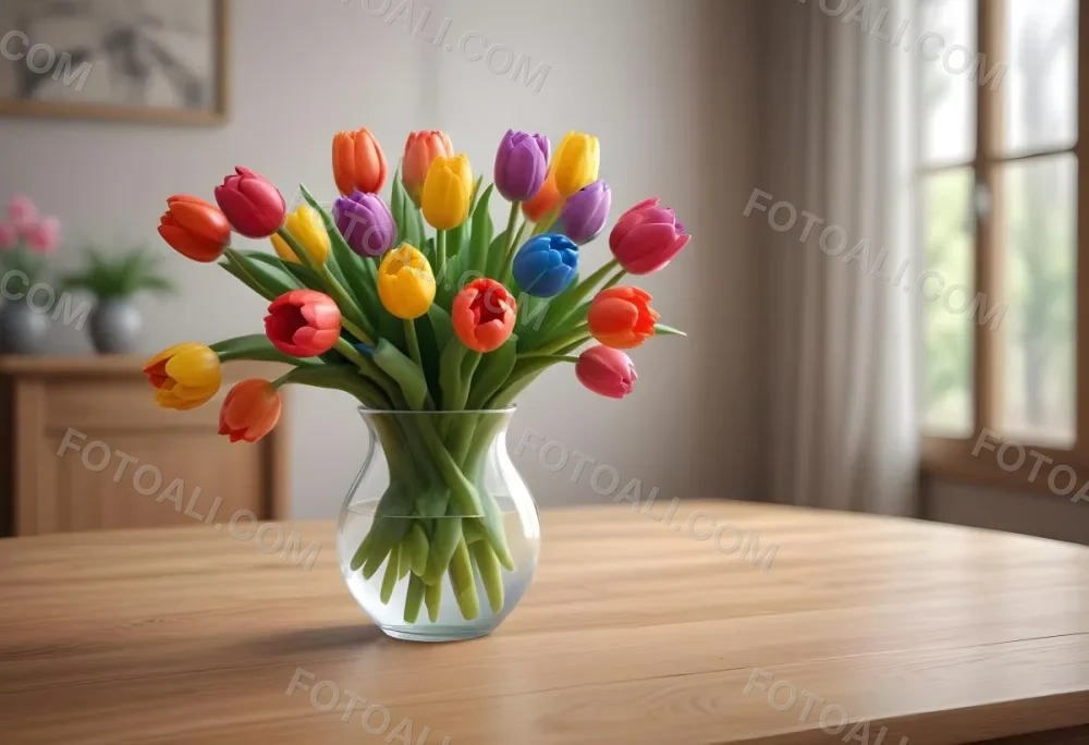 A Bouquet Of Colorful Tulips In A Glass Vase On A Wooden Table With A Blurred Background Of More Flowers 4 9ba3