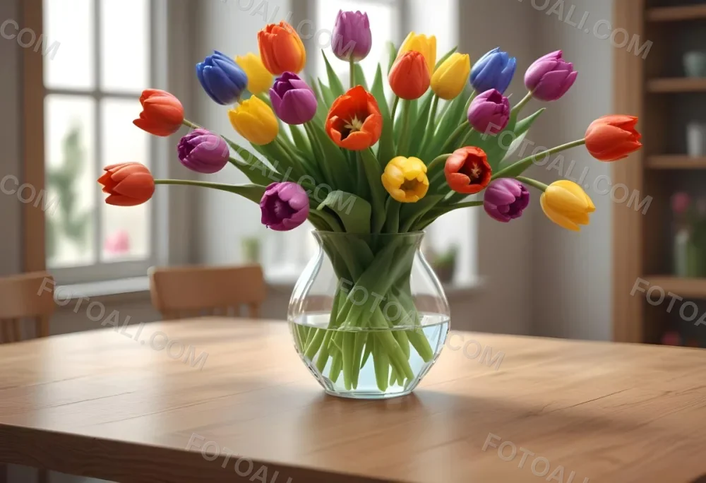 A Bouquet Of Colorful Tulips In A Glass Vase On A Wooden Table With A Blurred Background Of More Flowers 5 D233