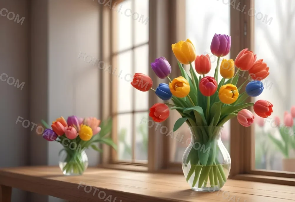 A Bouquet Of Colorful Tulips In A Glass Vase On A Wooden Table With A Blurred Background Of More Flowers 6 119c