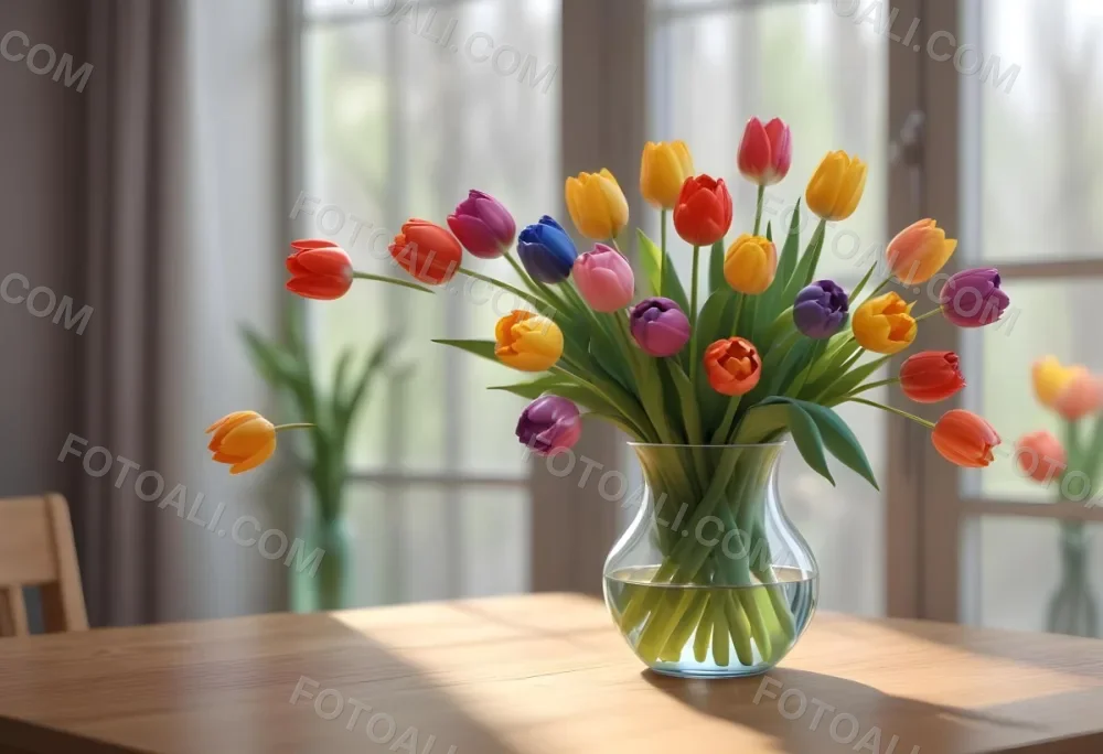 A Bouquet Of Colorful Tulips In A Glass Vase On A Wooden Table With A Blurred Background Of More Flowers 7 8b18
