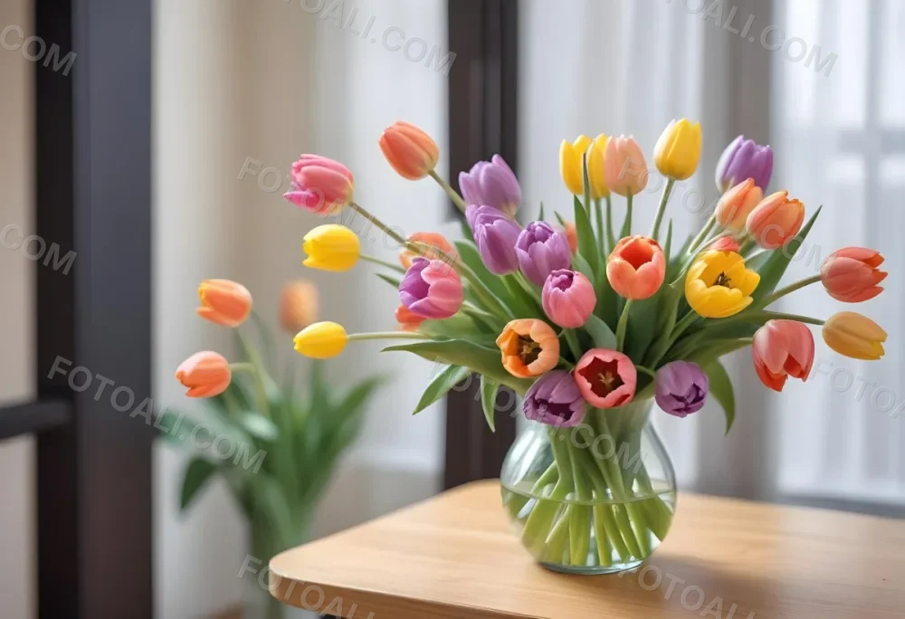 A Bouquet Of Colorful Tulips In A Glass Vase On A Wooden Table With A Blurred Background Of More Flowers 9 C3d7