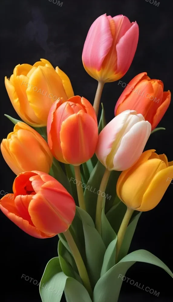 A Bouquet Of Colorful Tulips In Various Shades Of Red Orange And Pink Against A Dark Background 10 Ce3a