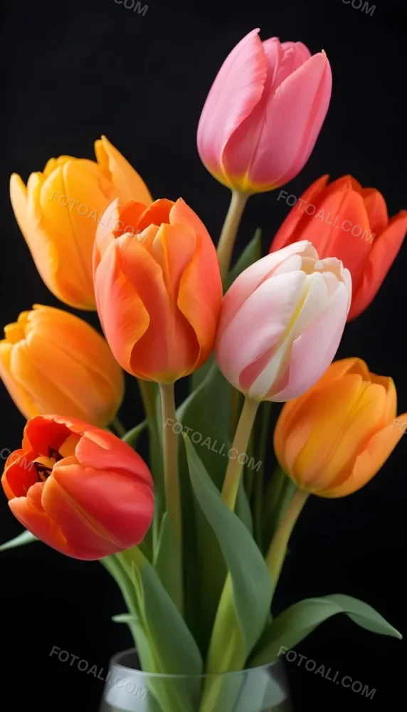 A Bouquet Of Colorful Tulips In Various Shades Of Red Orange And Pink Against A Dark Background 11 0080