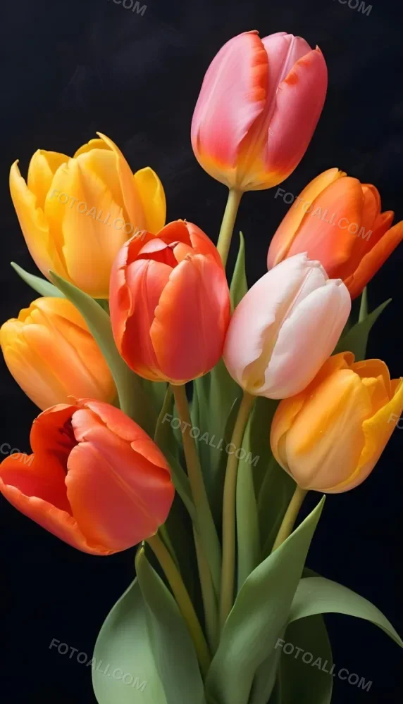 A Bouquet Of Colorful Tulips In Various Shades Of Red Orange And Pink Against A Dark Background 12 A1bc