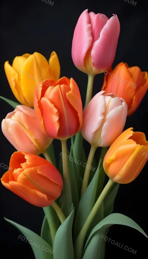 A Bouquet Of Colorful Tulips In Various Shades Of Red Orange And Pink Against A Dark Background 2 3685