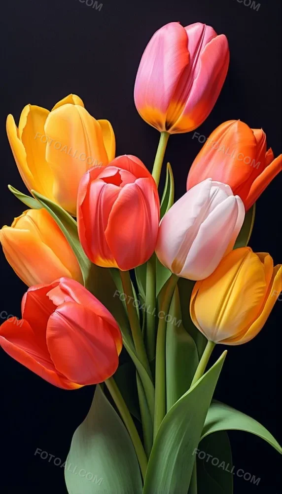 A Bouquet Of Colorful Tulips In Various Shades Of Red Orange And Pink Against A Dark Background 3 B391
