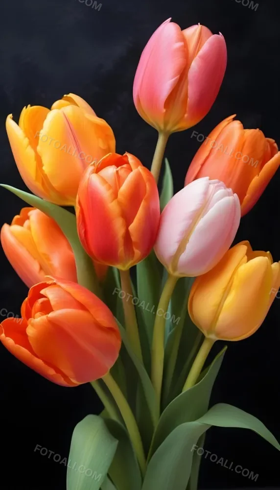 A Bouquet Of Colorful Tulips In Various Shades Of Red Orange And Pink Against A Dark Background 4 Dfce