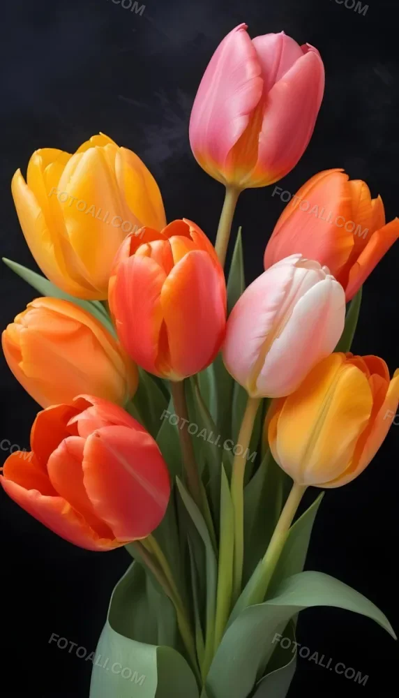 A Bouquet Of Colorful Tulips In Various Shades Of Red Orange And Pink Against A Dark Background 6 D528