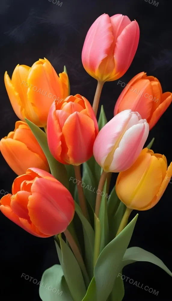 A Bouquet Of Colorful Tulips In Various Shades Of Red Orange And Pink Against A Dark Background 8 6571